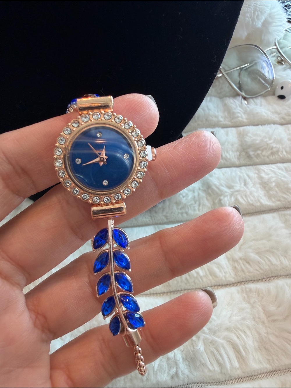 Rose Gold Bracelet Watch with Blue Dial and Blue Leaf Accents